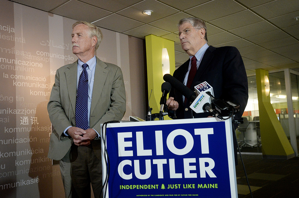U.S. Sen. Angus King answers questions with independent candidate for governor Eliot Cutler after King endorsed Cutler on Monday.
