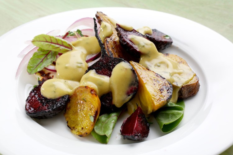 Grilled baby beets with mustard sauce