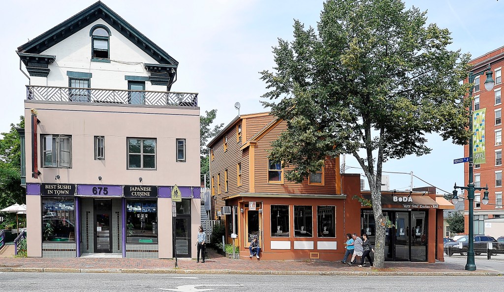 An August 12, 2014 photograph of Boda Restaurant on Congress Street near Longfellow Square.