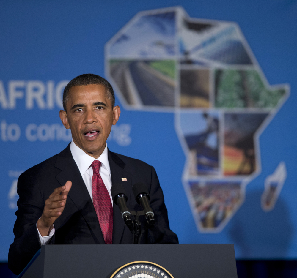 President Barack Obama speaking at a business forum aimed at increasing investment in Africa, in Dar Es Salaam, Tanzania in July, 2013. Obama is gathering nearly 50 African heads of state in Washington for an unprecedented summit aimed in part at building his legacy on a continent where his commitment has been questioned.