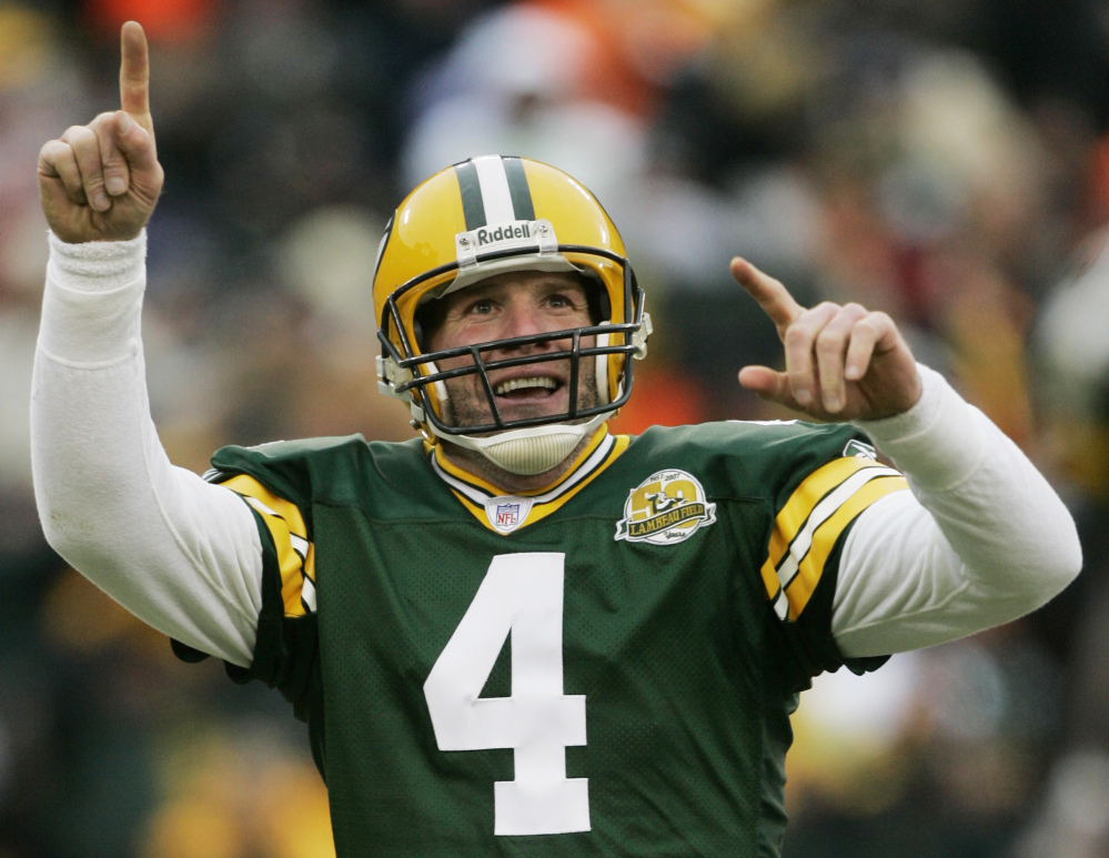 Brett Favre, seen reacting to a touchdown pass in 2007, will be inducted into the Pro Football Hall of Fame.