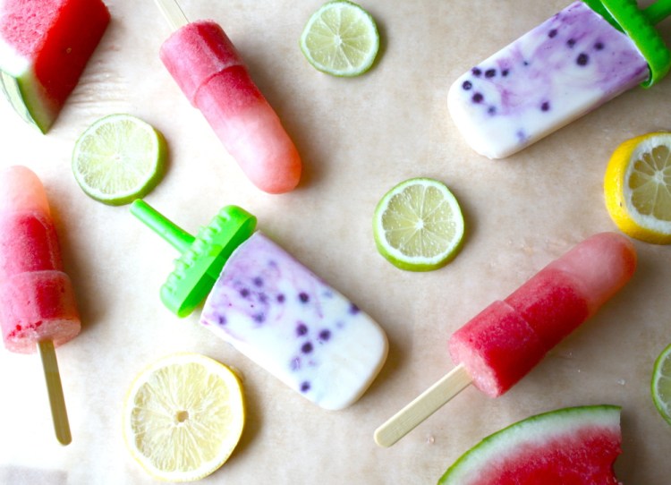 Blueberry lemon pudding pops and watermelon-lime refresco pops contain whole fruit and a touch of maple syrup.