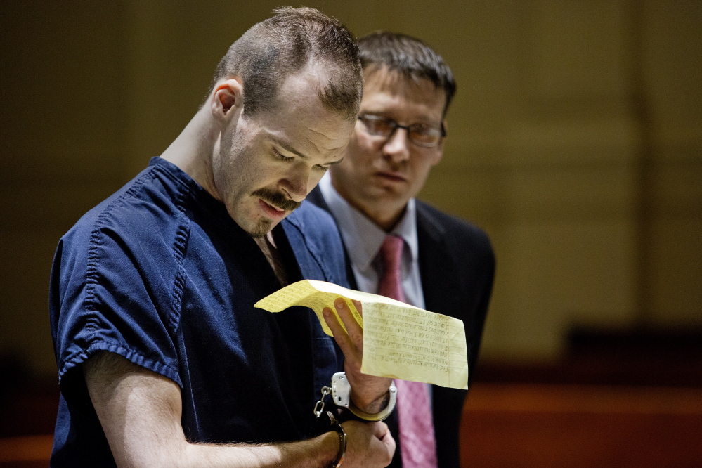 Brian Morin reads a hand-written letter asking Justice MaryGay Kennedy to sentence him to a psychiatric facility so he can receive the help and medications he needs. Kennedy sympathized but said the state does not have such an option for defendants deemed competent to stand trial.  Gabe Souza/Staff Photographer