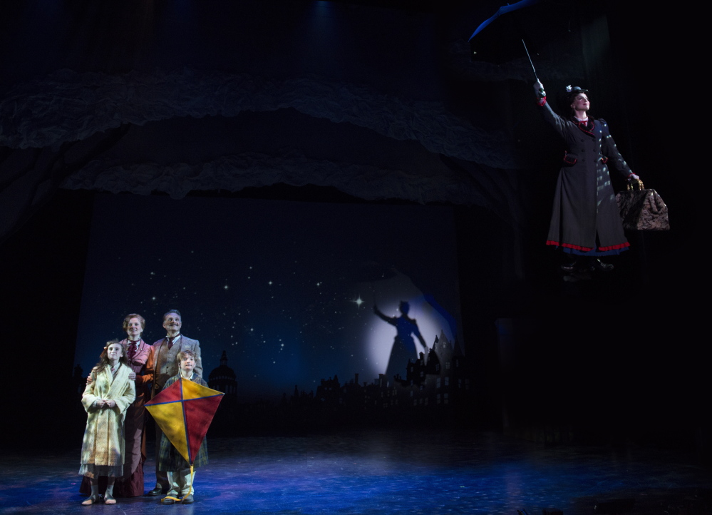 The Banks family watches Mary Poppins drift away after her work is done in the Ogunquit Playhouse’s production of the Disney classic.