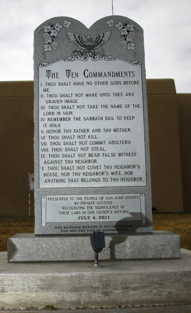 The Ten Commandments monument stands on the lawn at Bloomfield City Hall in Bloomfield, N.M.