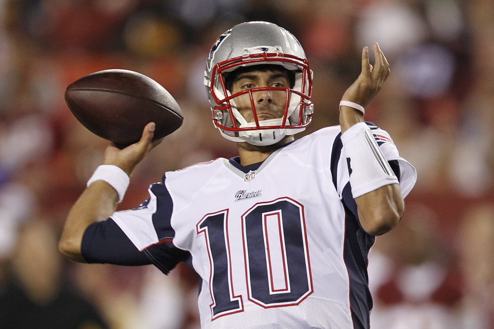 Jimmy Garoppolo, the second-round draft pick for the New England Patriots, came through Thursday night in his first game experience with the team, playing the second half of an exhibition against Washington and hitting 9 of 13 passes for 157 yards and a score. The Associated Press
