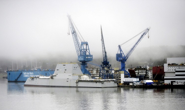 This May 1, 2014, photo shows the Navy destroyer USS Zumwalt under construction at Bath Iron Works. General Dynamics, the shipyard's owner, saw its share price set a record on Sept. 19, fueled by surging demand for military weapons and equipment. Shawn Patrick Ouellette / Staff Photographer