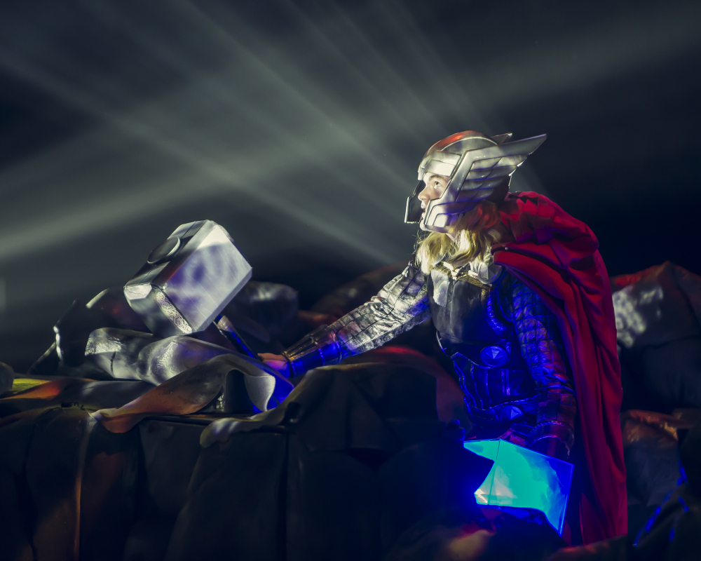 A performer dressed as the Marvel character Thor appears in the new live arena show called “Marvel Universe Live!”