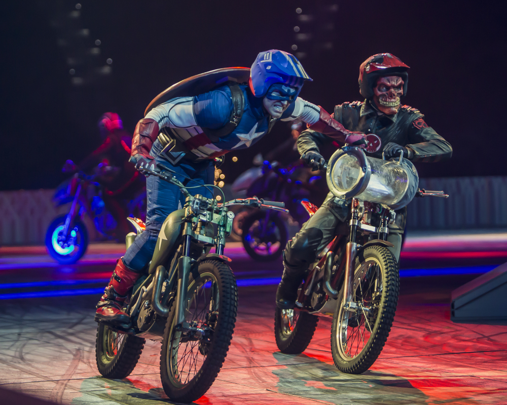 Performers dressed as Marvel characters appear in the new live arena show called “Marvel Universe Live!” The show has begun an 85-city tour over the next two years.