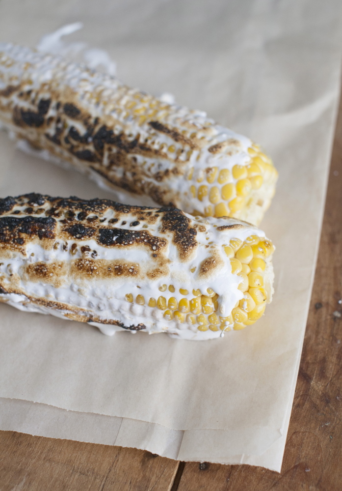 Corn on the cob with toasted marshmallow.