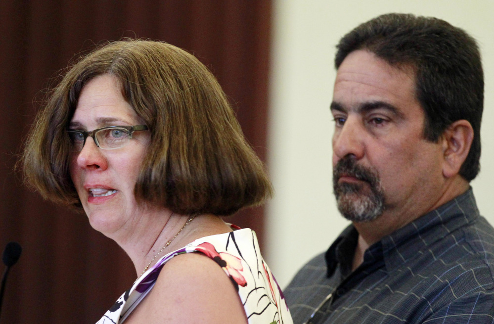 With her husband, Tony Hanna, at her side, Becky Hanna looks at Seth Mazzaglia as she speaks during his sentencing hearing in Strafford County Superior Court on Thursday in Dover, N.H. The Hannas are Elizabeth “Lizzy” Marriott’s aunt and uncle.