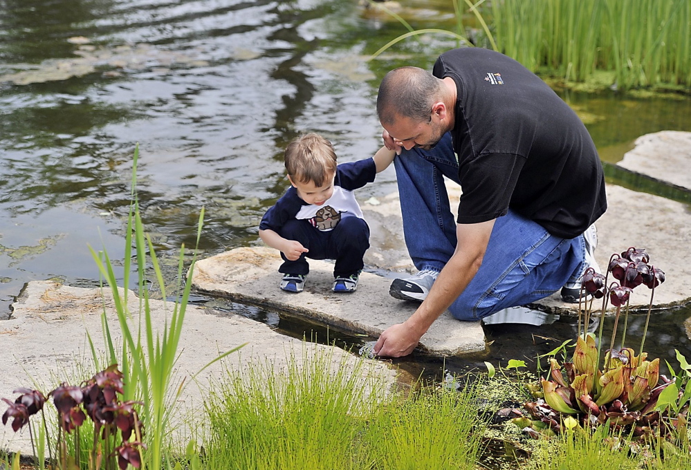 Visitors explore Blueberry Pond in the popular Children’s Garden at Coastal Maine Botanical Gardens in Boothbay.