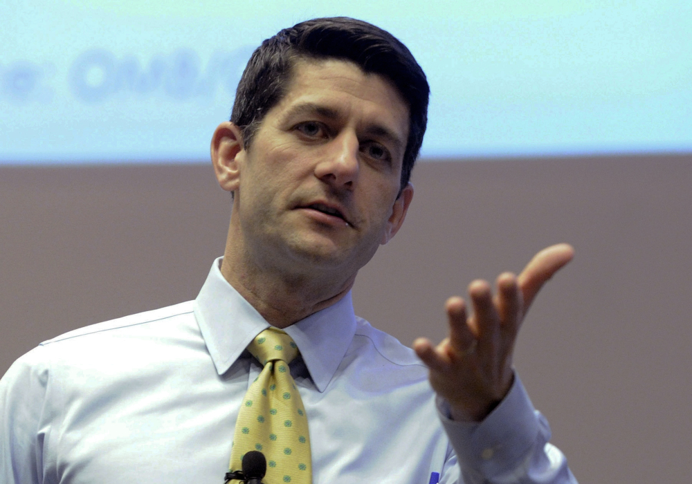 Republican Rep. Paul Ryan answers constituents questions during a listening session in Kenosha, Wis., in March.