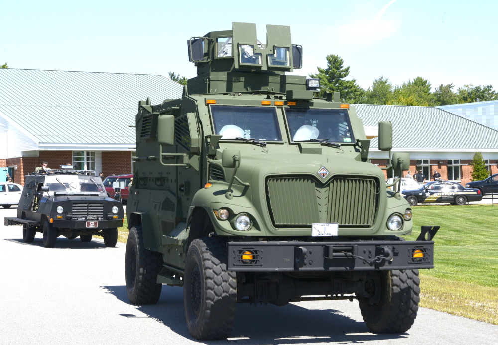 The Southern Maine Regional Swat Team obtained this military vehicle from the Department of Homeland Security. This vehicle and a smaller one maintained by the Cumberland County Sheriff’s Office were deployed during a training exercise in Gorham on Tuesday.