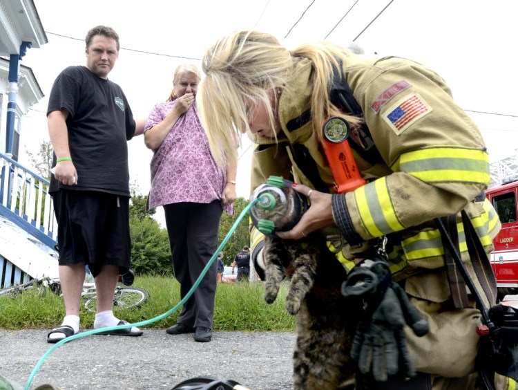 Homeowner Katherine Noiles watches with neighbor Larry Higgins as Westbrook firefighter Rachel Welsh tries to revive Noiles’ cat after her house caught fire at 40 Myrtle St. in Westbrook on Friday. The cat didn’t make it.