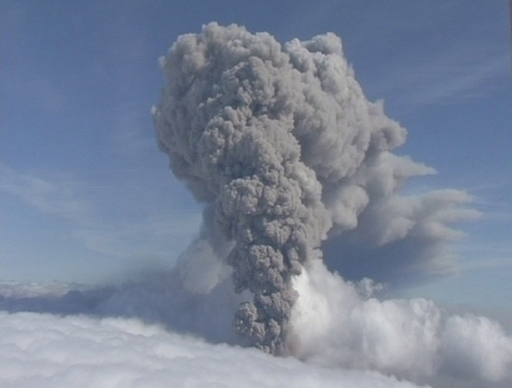 A column of ash is rising from Iceland’s Eyjafjallajokul volcano in this May 2010 image