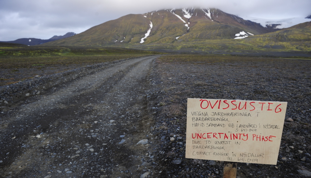 A warning sign blocks the road to Bardarbunga volcano, about 12.5 miles away, in the northwest region of the Vatnajokull glacier.