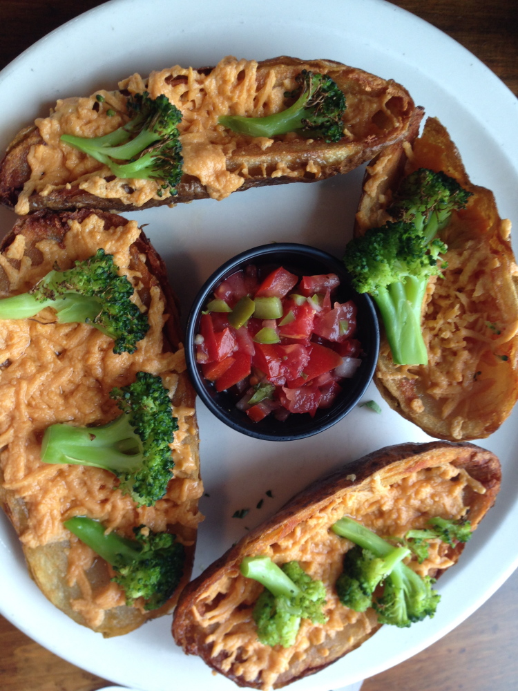Potato skins topped by vegan cheese and broccoli are among the Taste of Maine appetizers.