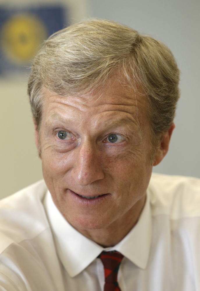 Businessman Tom Steyer speaks during a meeting to announce the launch of a group called Virginians for Clean Government at Virginia Commonwealth University in Richmond, Va., Wednesday, Sept. 25, 2013. The group was formed to explain the impact of CONSOL Energy not paying royalties to their family and neighbors as well as speaking out against Ken Cuccinelli's acceptance of $111,000 in CONSOL contributions.  (AP Photo/Steve Helber)