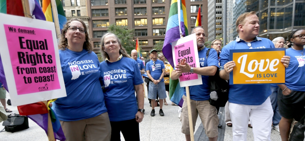 Supporters of gay marriage attend a rally outside a federal court that heard legal arguments in Chicago on Tuesday.