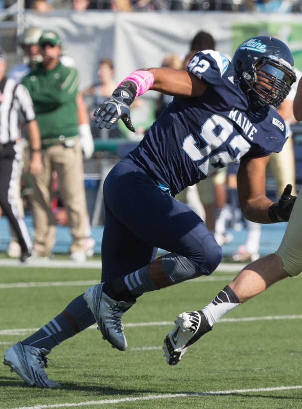 Trevor Bates of Westbrook knew about the No. 9 tradition at the University of Maine, wanted to be the No. 9 this season instead of last year’s No. 92, and was given the jersey by Michael Cole, who wore it last season.