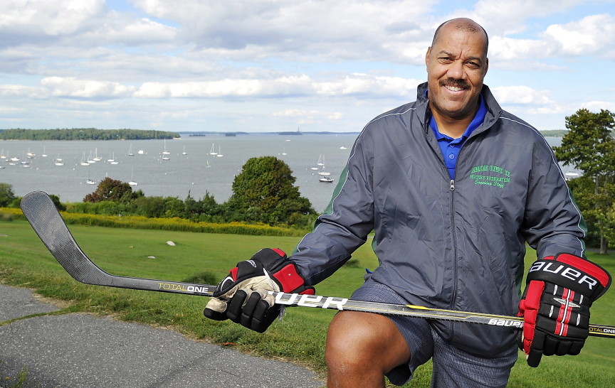 Graeme Townshend of Saco, a former Maine Mariner shown Thursday on Portland’s Eastern Prom, is leading the effort to build an Olympic ice hockey team for Jamaica.