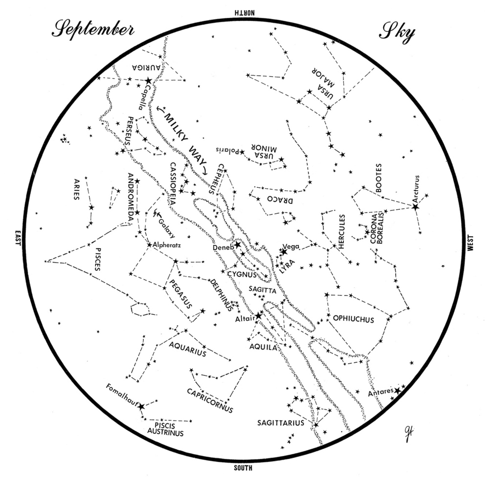 This chart represents the sky as it appears over Maine during September. The stars are shown as they appear at 10:30 p.m. early in the month, at 9:30 p.m. at midmonth and at 8:30 p.m. at month’s end. No planets are visible at chart times. To use the map, hold it vertically and turn it so that the direction you are facing is at the bottom.