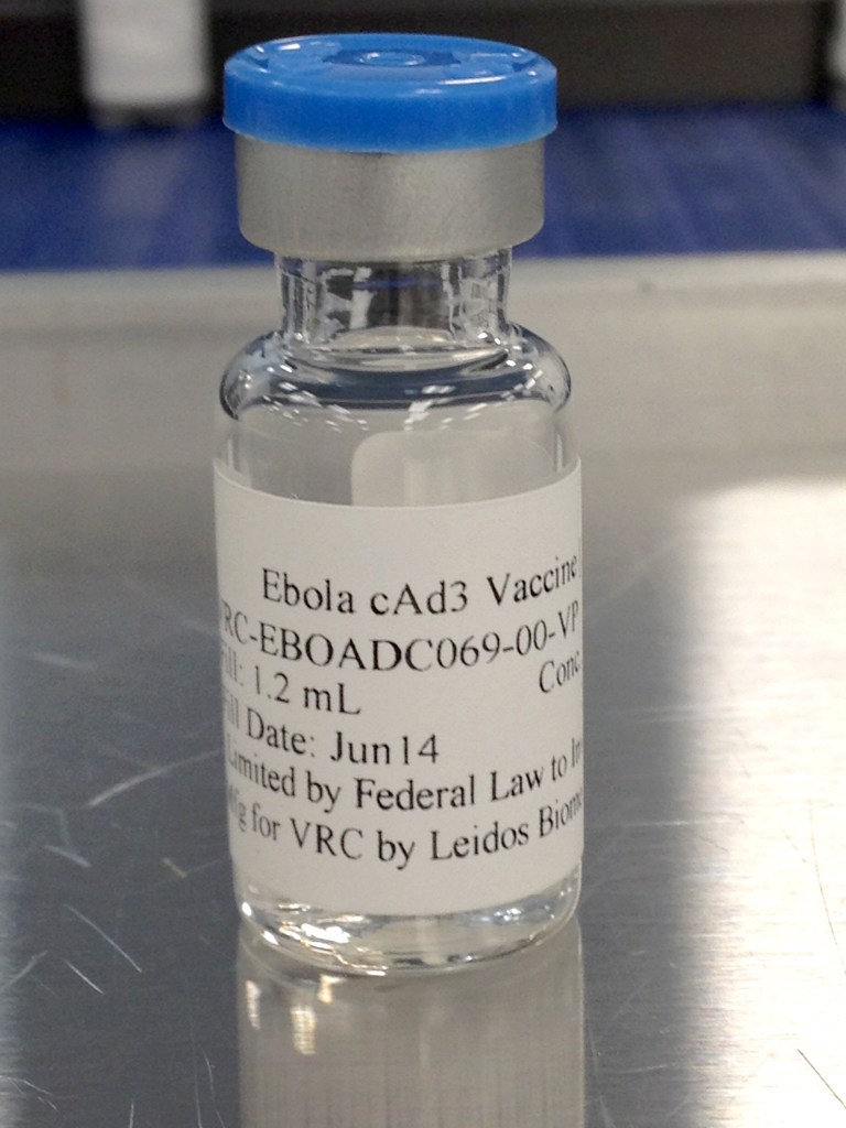 This undated handout photo provided by National Institute of Allergy and Infectious Diseases and GlaxoSmithKline shows a vaccine candidate, in a vial, that will be used in the upcoming  human Ebola trials. The Associated Press