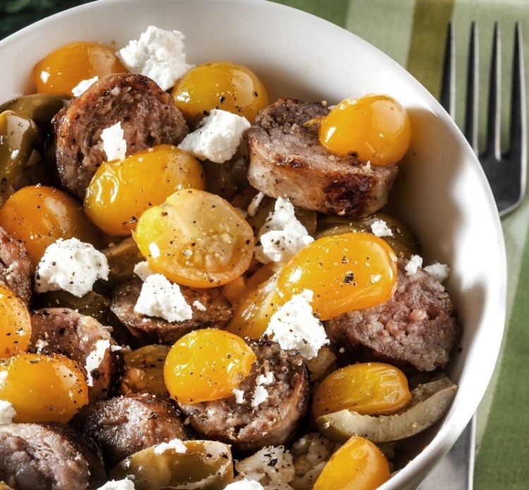 Sauteed Sun Gold tomatoes with sausage and goat cheese make a delicious summer meal.