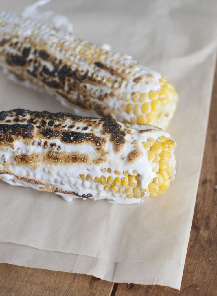 Corn on the cob with toasted marshmallow.