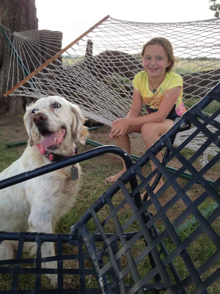 In this photo provided by Danel Grimmett, Willow Grimmett, 10, sits with her agility dog, Emmy, at their home in Edmund, Okla. Willow spent the summer outdoors with the family's English setter, designing and running obstacle courses. The Associated Press
