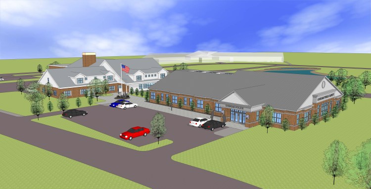 This architectural rendering shows the current Gorham public safety building, which would be renovated to become the fire department headquarters, and a proposed new building to house the police department.