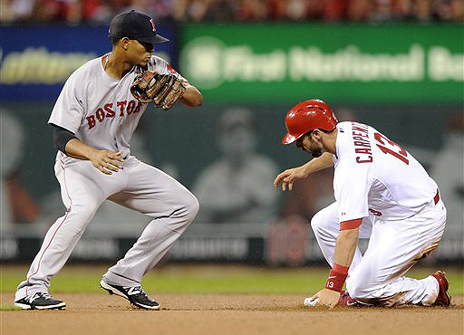 Cardinals third baseman Matt Carpenter slides into second with a double as Boston shortstop Xander Bogaerts can't make the tag Wednesday in St. Louis. The Associated Press