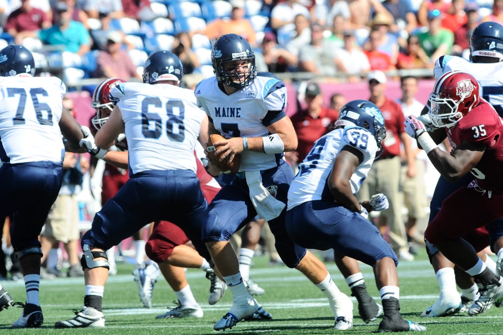 Maine Black Bears quarterback Marcus Wasilewski (7) looks for an open receiver during the NCAA Division I football game against the  University of Massachusetts Minutemen at Gillette Stadium in Foxborough Massachusetts, in this Sept. 7, 2013, photo. Photo by Cal Sport Media via The Associated Press