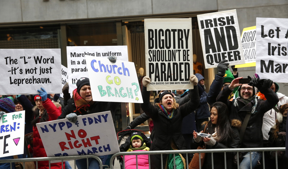 Demonstrators protest the exclusion of gay groups during the St. Patrick’s Day Parade in New York on March 17.