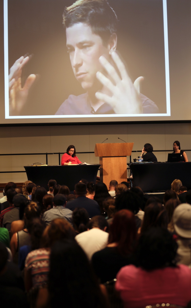 Incoming students at San Diego State University watch a video on sexual consent during an orientation meeting last month in San Diego.