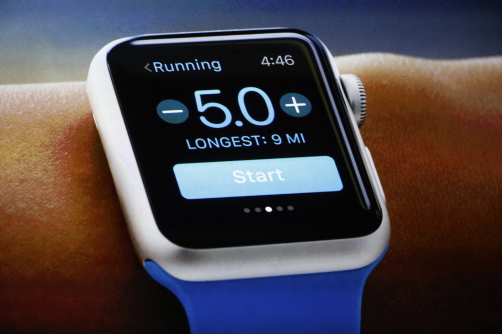 An Apple Watch is shown during an Apple event Monday.
