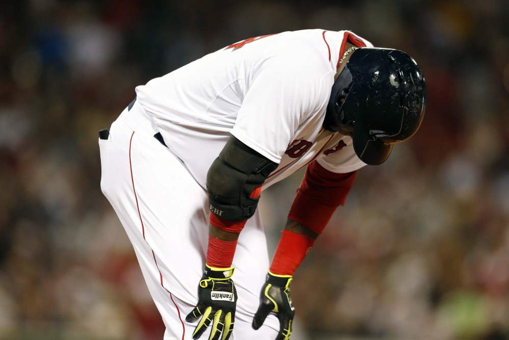 David Ortiz reacts after grounding into a double play with bases loaded during the fifth inning of Tuesday night’s loss to the Baltimore Orioles.
