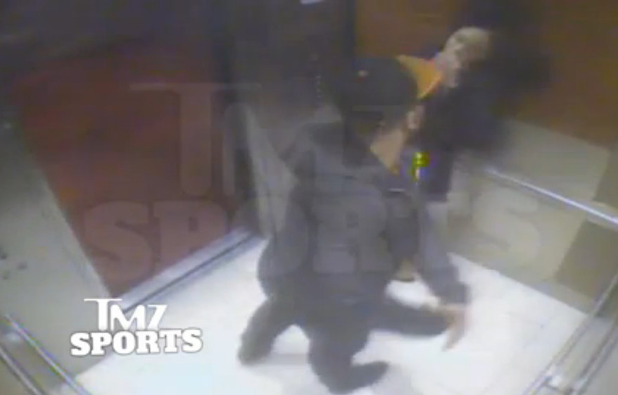 In this still image taken from a hotel security video released by TMZ Sports, Ray Rice punches his fiancee, Janay Palmer, in an elevator at the Revel casino in Atlantic City, N.J., in February. A law enforcement official says he sent the video to an NFL executive five months ago, while league officers have insisted they didn’t see the violent images until this week.