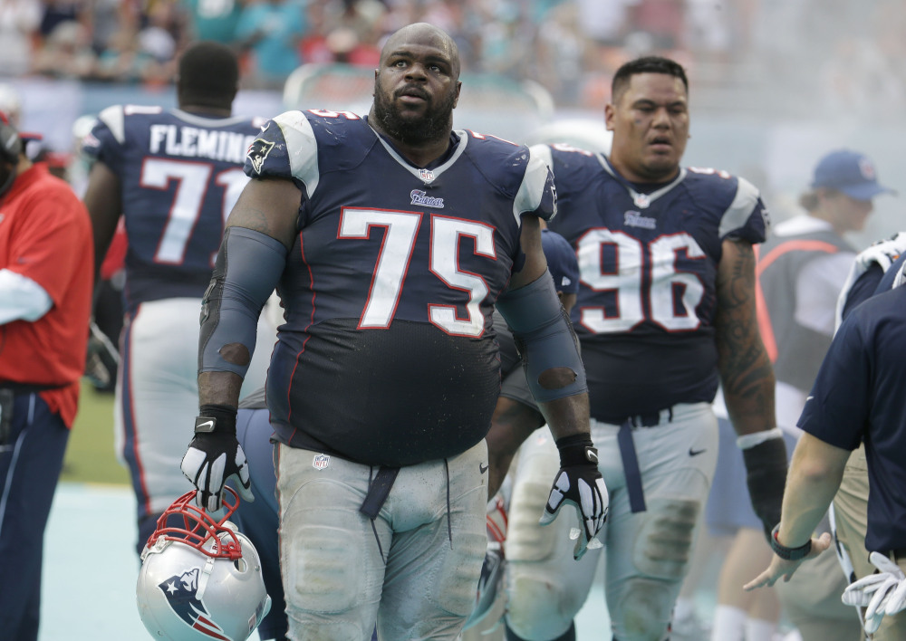 Defensive tackle Vince Wilfork glances at an unexpected score Sunday in the opener for the New England Patriots at Miami. A loss in the opener is rare enough – last done in 2003 – but going 0-2 is something the team hasn’t done in 13 years. New England is at Minnesota on Sunday.