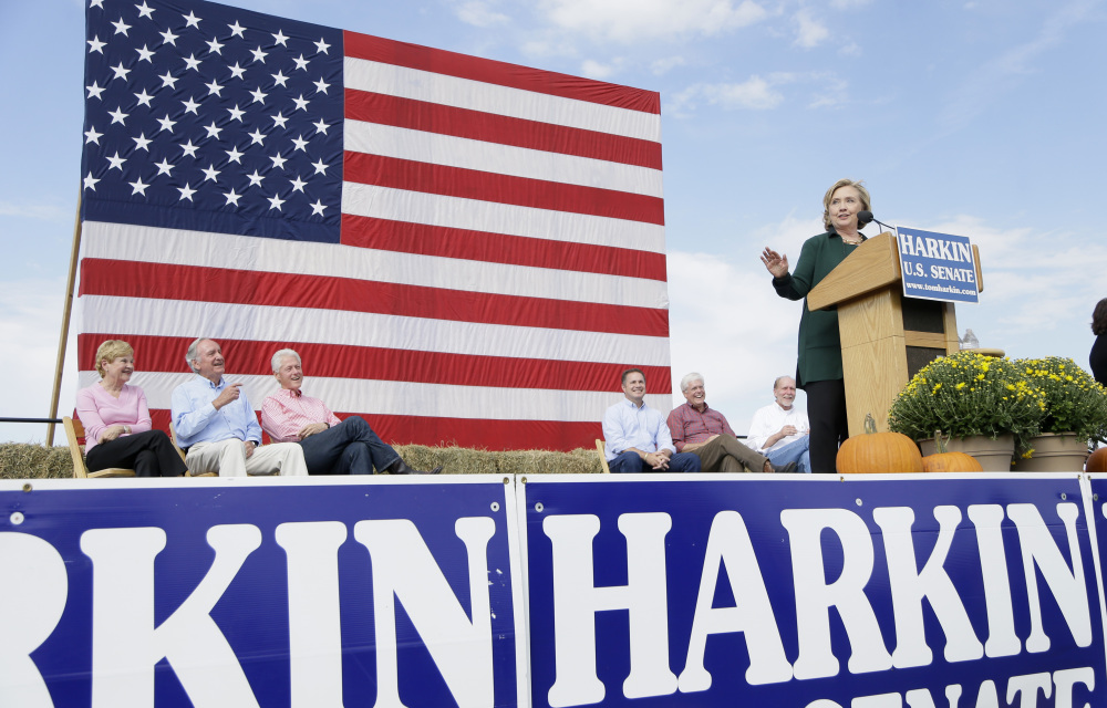 Former Secretary of State Hillary Rodham Clinton speaks during U.S. Sen. Tom Harkin’s annual fundraising Steak Fry on Sunday in Indianola, Iowa.