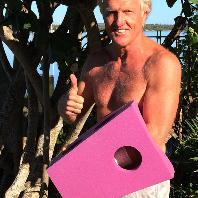 This photo provided by Greg Norman and posted on Instagram on Sunday, shows Norman giving the thumbs up with his left hand  protected by a purple foam after a chainsaw accident.