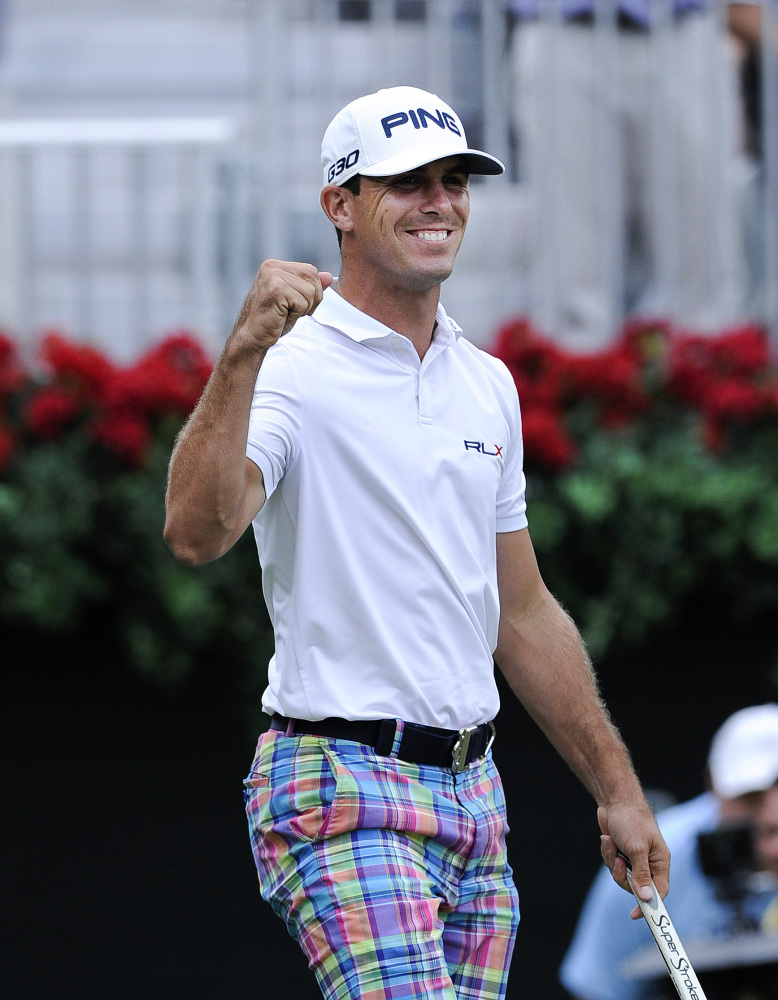 Billy Horschel reacts after sinking a short putt on the 18th green to win the Tour Championship golf tournament and the Fed X Cup on Sunday in Atlanta.