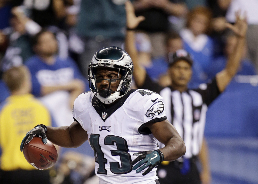 The Philadelphia Eagles’ Darren Sproles reacts after scoring on a 19-yard touchdown run during the second half Monday night’s game against the Indianapolis Colts.