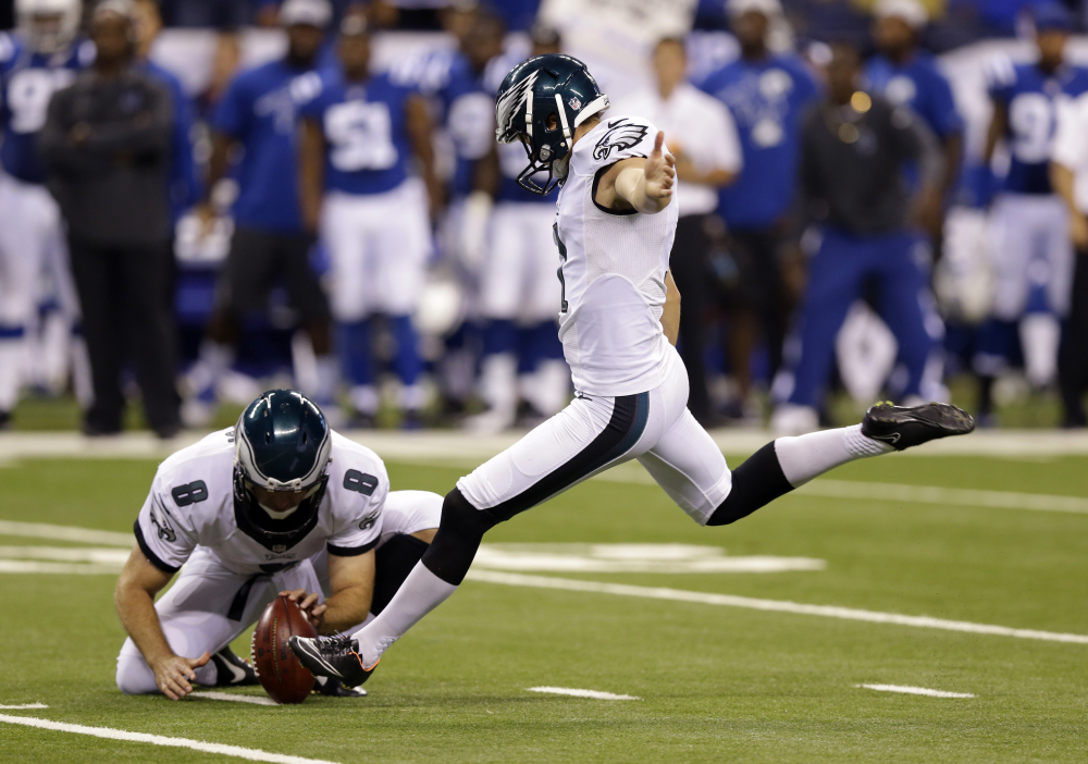 Philadelphia Eagles kicker Cody Parkey kicks a 36-yard field goal as time expires to win Monday night’s game against the Indianapolis Colts, 30-27.