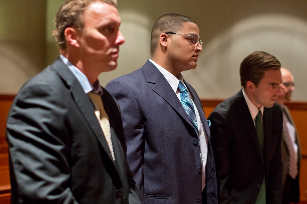 Anthony Pratt Jr., center, with attorneys Peter Cyr, left, and Dylan Boyd, far right, at the final motions hearing at the Cumberland County Courthouse last week. He is accused of murdering Margarita Fisenko Scott in 2013. Yoon S. Byun/Staff Photographer