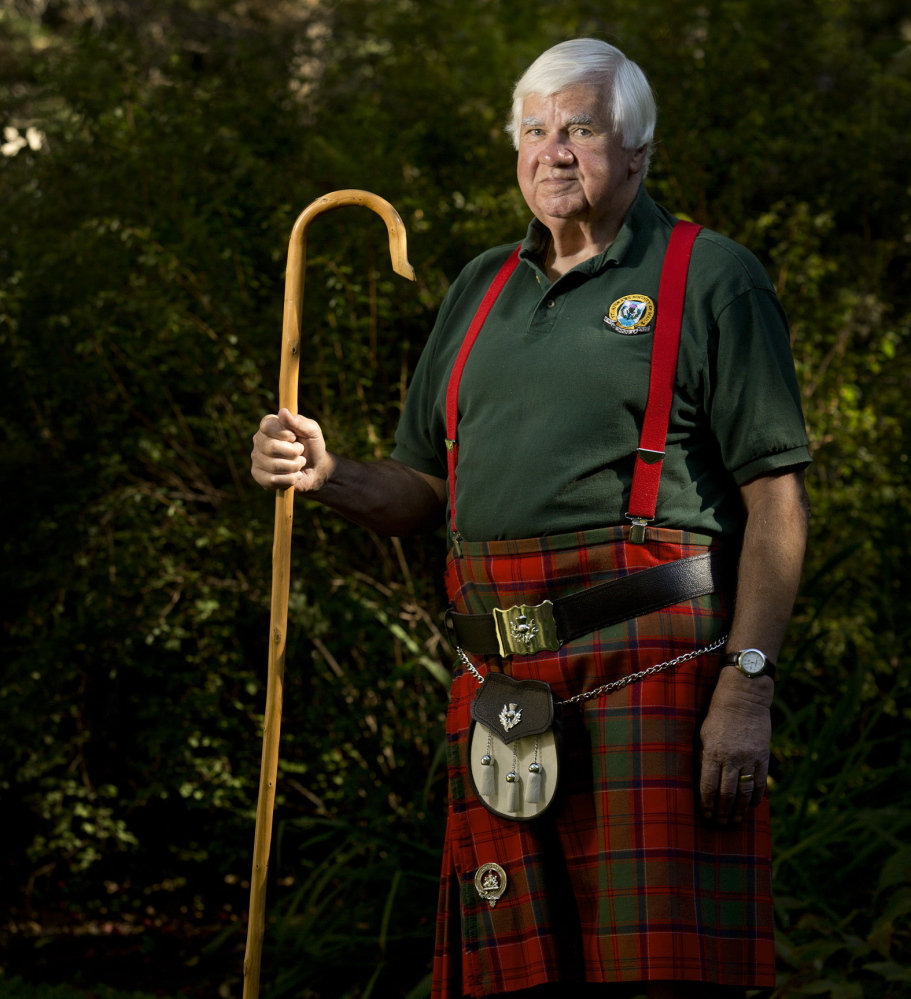 Ron Thurston of Falmouth, president of the St. Andrew’s Society of Maine, which promotes Scottish heritage and sponsors the Highland Games in Topsham, wears a traditional kilt at his Falmouth home. He thinks Scotland would be better off if it stays within the United Kingdom.