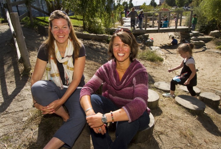 Laura Newman, left, and consultant Sheila Sullivan at Portland’s East End Community School, where the School Ground Greening Coalition helps design and build outdoor play space.