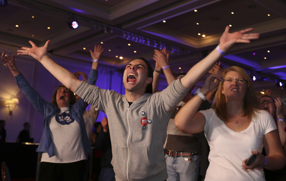 “No” supporters celebrate the voting results in the Scottish independence referendum at the Marriott Hotel in Glasgow.