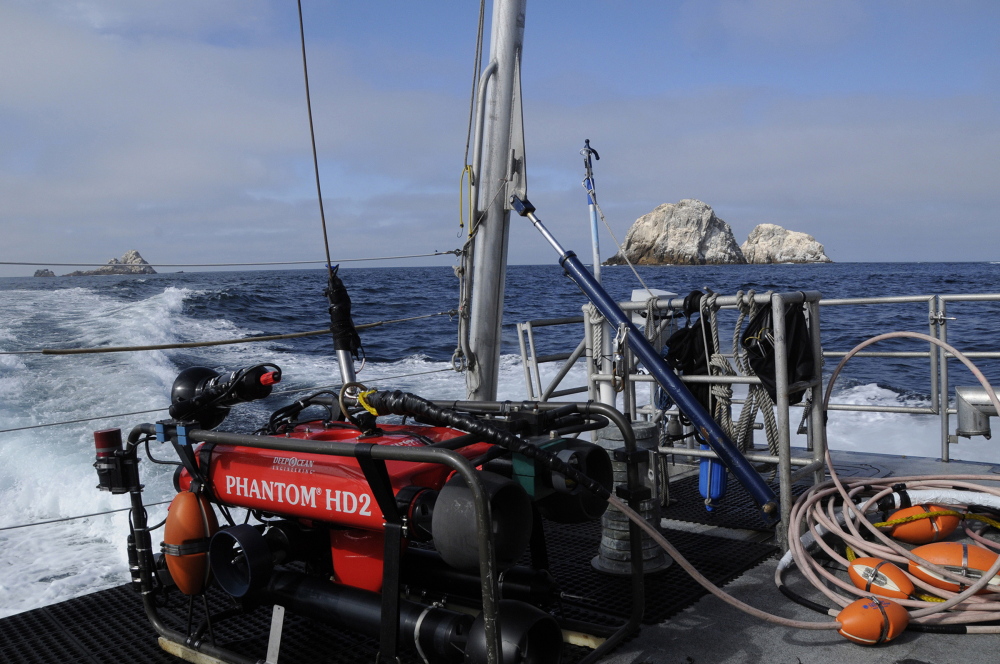 An undersea vehicle sits on the deck of the federal research vessel Fulmar near the Farallon Islands, 30 miles off San Francisco. Marine archaeologists exploring more than a dozen underwater sites for shipwrecks using the undersea vehicle and sonar have located the Maine-built Noonday, which sank on New Year’s Day 1863.
